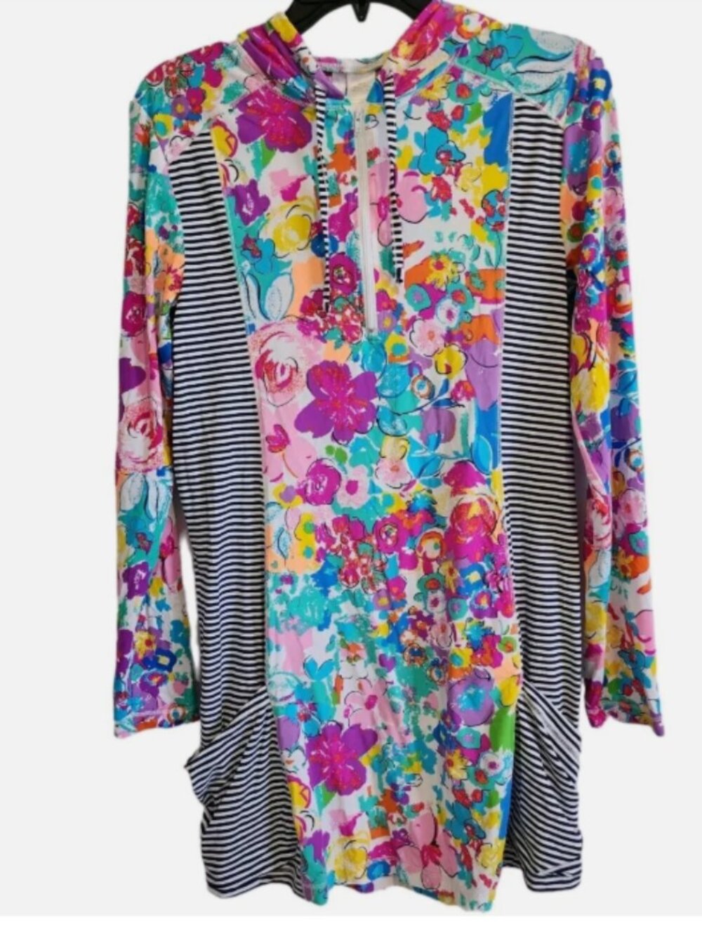 Anne Cole Floral & Stripe Hooded Swim Coverup in Multicolor